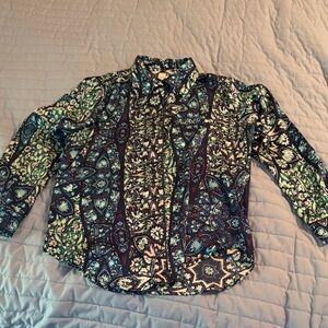 Victoria's Secret Patterned Button-Up Blouse in Teal, Navy, White